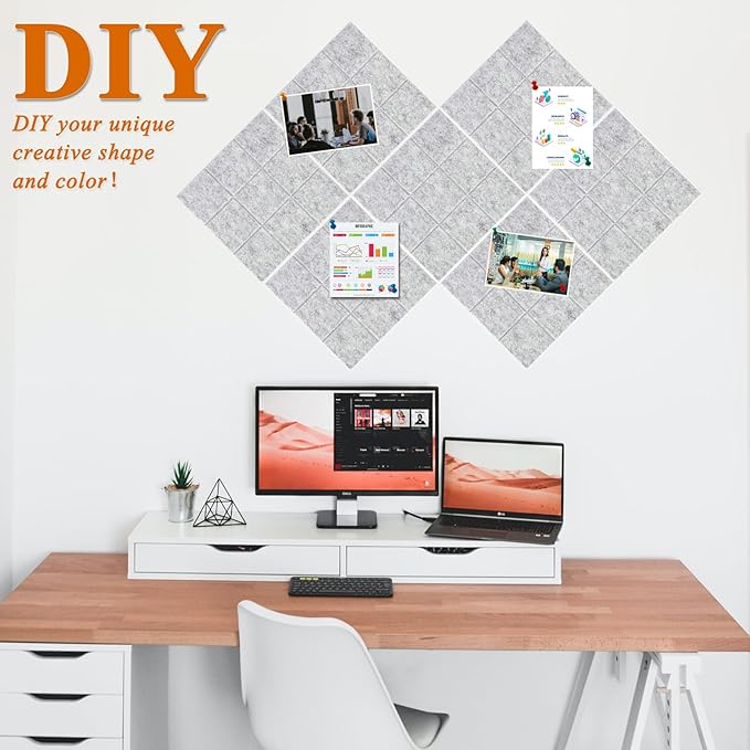 Large Square Felt Cork Board Tiles, Self Adhesive DIY Felt Bulletin Board Pin Board with 35 Pushpins for Office School Home Wall Decor Stickers Memos Photos Display (Light Grey)