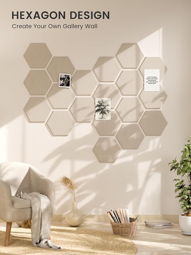 Fluxynara 12-Pack Hexagon Felt Bulletin Board Tiles, Oatmeal | Cork Board Alternative with 60 Adhesive Tabs for Notes, Photos and Reminders in Home Offices, Dorm and Classrooms