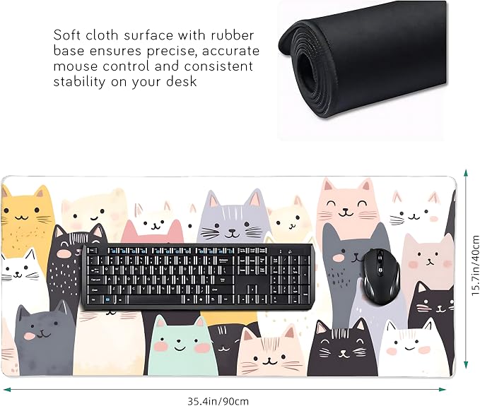 Cute Anime Cats Gaming Mouse Pad, Colorful Pop Art Desk Mat with Anti-Slip Base & Stitched Edges,35.4" x 15.7" in Table Mat for Computer Desktop, Beautiful Workstation Decor