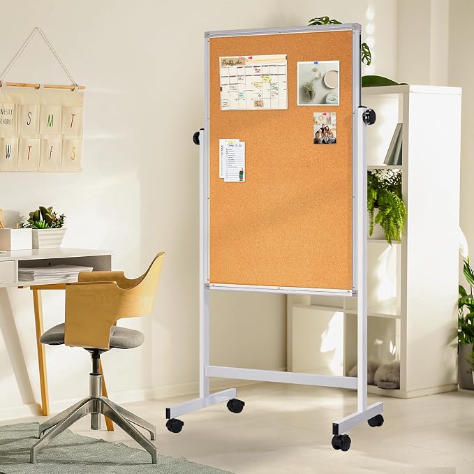 Maxtek Mobile Whiteboard and Cork Board Combo 48 x 32 in, Height Adjustable | Mobile Easel Height Adjustable Magnetic Dry Erase and Cork Board Double-Sided with Stand for Classroom, Home, School, Office
