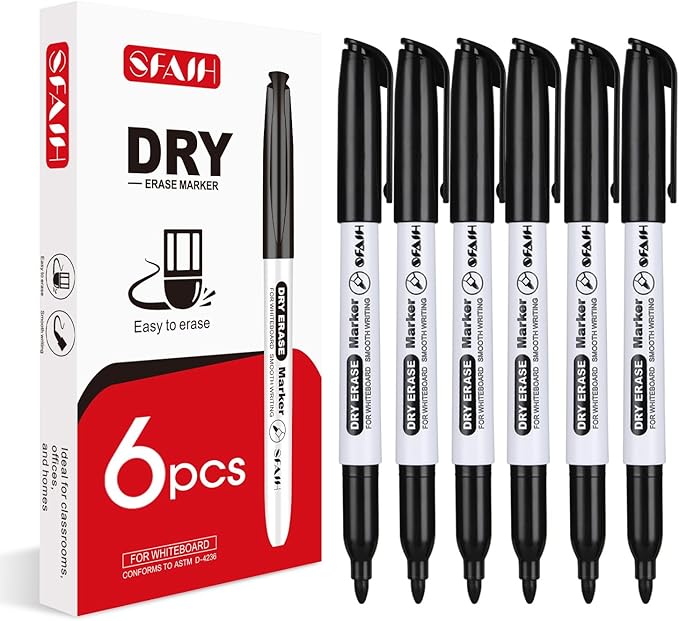SFAIH Black Dry Erase Markers Fine Tip - 6 Pack Whiteboard Markers For Home Office, Personal Task Lists, Family Calendars,Professional Writing & Notes | Low-Odor