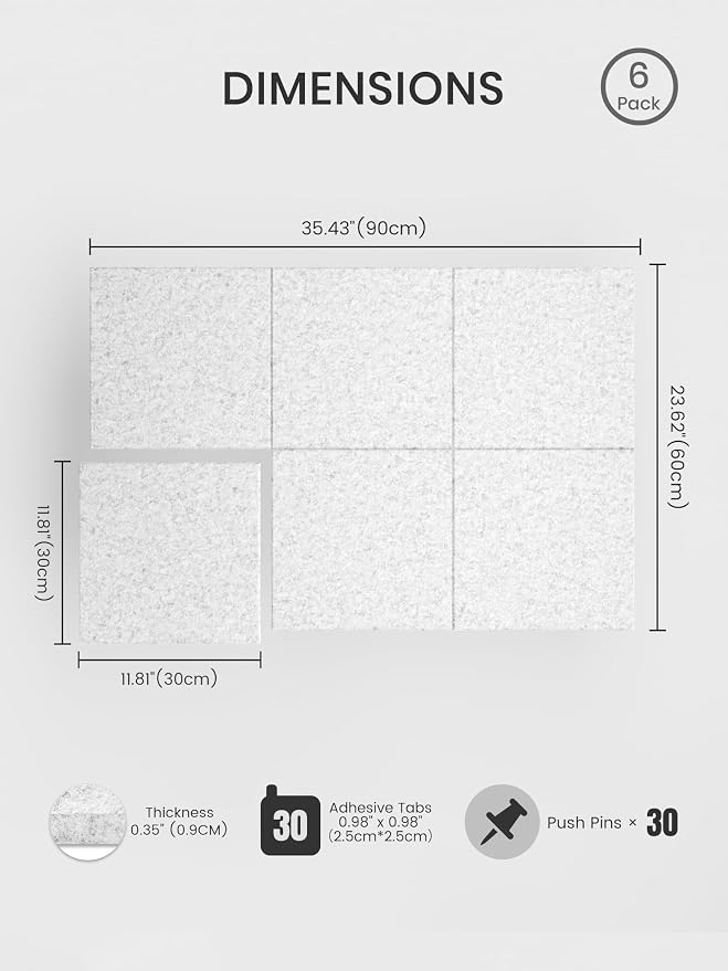 Bumusty 36" x 24" Large Cork Board Alternative, Light Gray | 6-Pack Felt Bulletin Board Tiles, 60 Adhesive Tabs, 30 Pushpins, Home, Office, Classroom, Vision Board