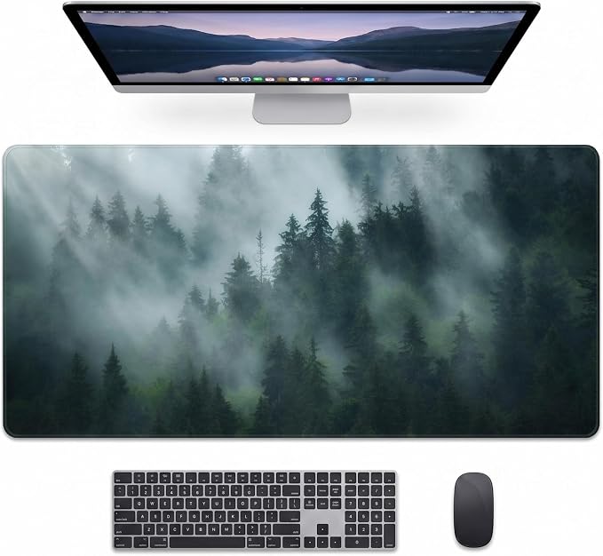 Auhoahsil Aerial Misty Forest Desk Mat, Ultra Large Full Desk Gaming Mouse Pad, Foggy Green Forest Landscape Extended Keyboard Pad, Nature Aesthetic Desk Pad for Home Office Gaming, 35.4"x 15.7"