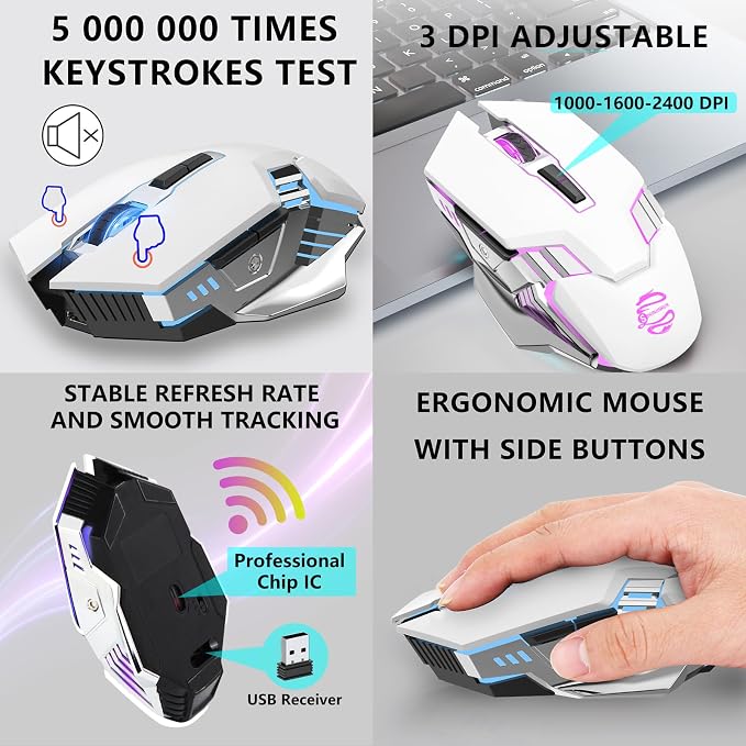3-Mode RGB Silent Rechargeable Wireless Gaming Mouse White | BT5.0/BT3.0+2.4G connection, RGB backlight & quiet click, for gaming office, compatible with Laptop, PC, Mac, iPad & Tablet