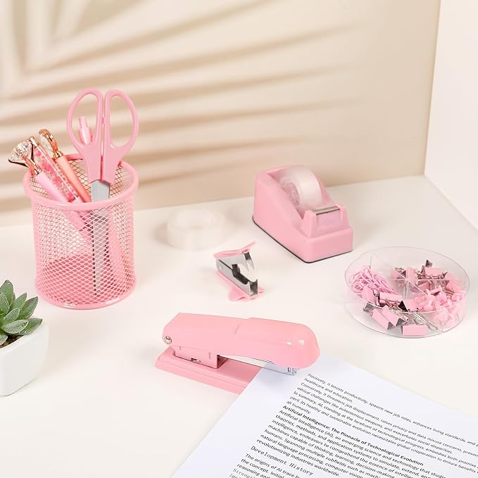 SKYDUE Pink Stapler and Tape Dispenser Set, Pink Office Desk Accessories | Pink Office Supplies, Stapler, Tape Dispenser, Scissors, Clips and 1000pcs Staples,Office Supplies for Desk for Women