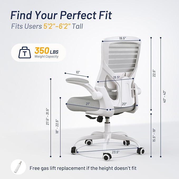 Office Desk Chair for Long Hours & Lower Back Pain Relief – 4“ Thick Molded Foam Cushion, Enhanced Lumbar Support, Padded Flip-up Armrests, Ideal for Office or Study (Light Gray)