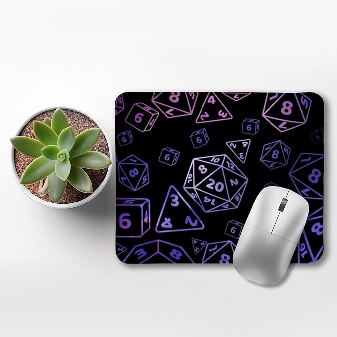 Neon Dice Gaming Mouse Pad, Black and Purple D20 RPG Gaming Mouse Pad for Wireless Mouse Computers Laptop Desk Accessories, Gamer Gifts,9.5x7.9 Inch