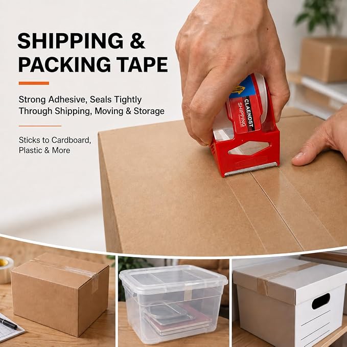 Clear Packing Tape with Dispenser, 2 Pack Shipping Tape Rolls with Cutter | 1.88" x 33 yd Portable Shipping Tape Roll, Easy Cut Packaging Tape for Moving Boxes, Mailing, Storage, Office and Home Use