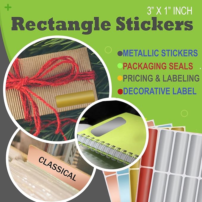 Rectangular Metallic Sticker Labels 3x1 inch (75mm x 25mm) Labeling Sticker Sheets in 5 Metallic Colors 40 - Pack by Royal Green
