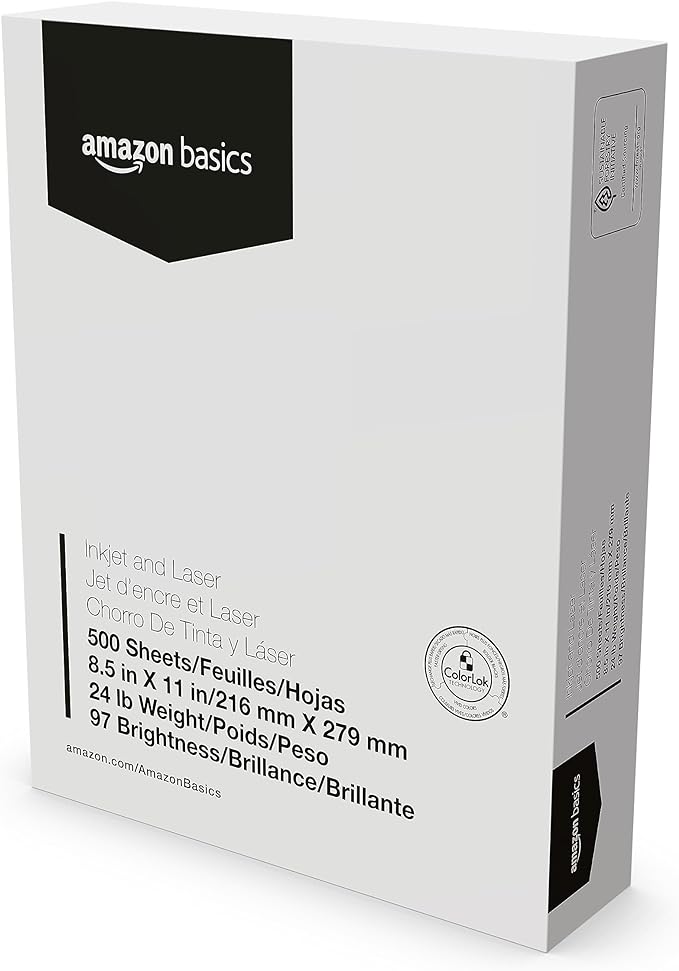 Amazon Basics Multipurpose Copy Printer Paper, 8.5 x 11 Inches, 24 lb Weight, 97 Bright White, 1500 Sheets (3 Packs of 500), for Inkjet and Laser
