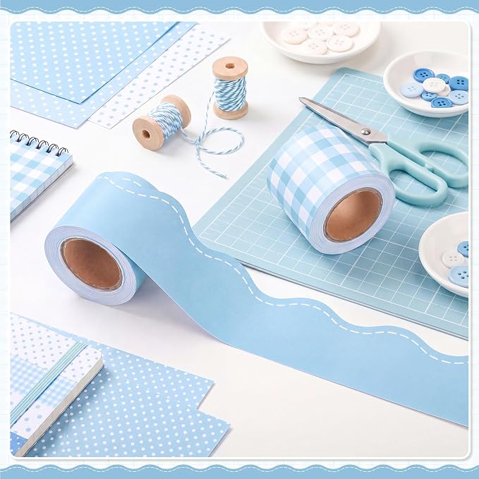 2 Rolls 65.6ft Dusty Blue Gingham Bulletin Board Borders Decoration Blue Checkered and Straight Edge Bulletin Borders Board Trim for Office School Classroom Chalkboard Party Decoration