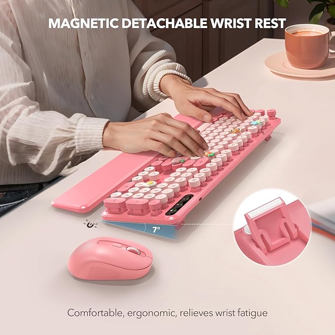 Wireless Keyboard and Mouse Combo, Cute Full-Size Retro Typewriter Keyboard with Round Keycaps, Magnetic Wrist Rest, Tilt Legs, 2.4GHz Cordless for Mac, Windows PC, Laptop, SABLUTE CK23, Baby Pink