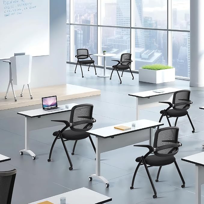 CLATINA Stackable & Foldable Conference Chair with Wheels, Ergonomic Mesh Back, 300lbs Capacity, Breathable Padded Seat, Adjustable Armrests, Office Chair for Reception, Training, Home, Black, 10PK