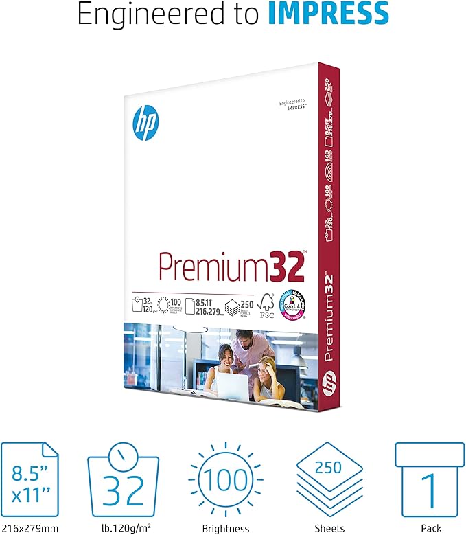 HP Printer Paper |8.5x11 Paper | Premium 32 lb | 1 Ream - 250 Sheets | 100 Bright | Made in USA – FSC Certified | 113500R