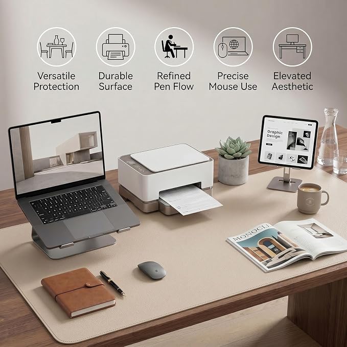 Large Desk Pad Non-Slip Desk Mat Protector for Keyboard Mouse Waterproof Vegan Leather Surface Faux Leather Laptop Mat Smooth Mouse Pad Premium Gift Tube Warm Beige 47" x 17"