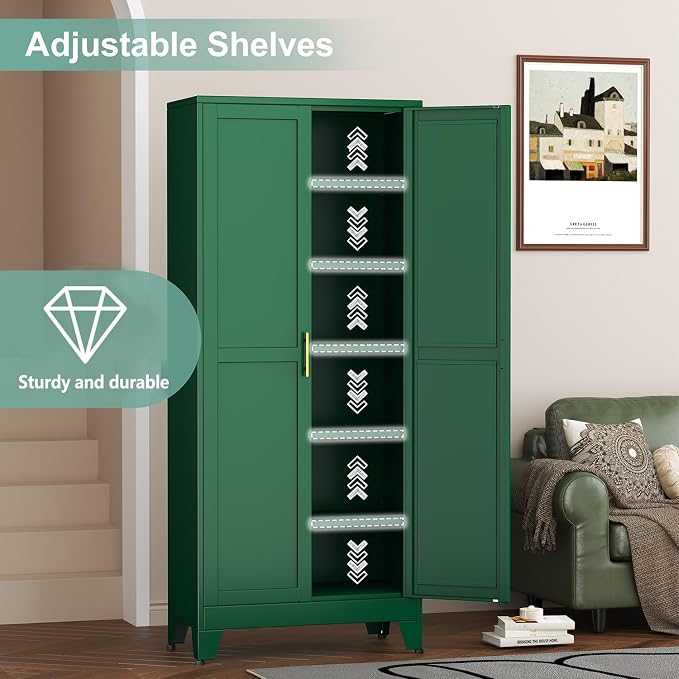 Metal Pantry Cabinet with 2 Doors and 5 Adjustable Shelves, 75"Kitchen Storage cabinets with Gold Handles, Versatile Storage for Laundry Room, Living Room, Bathroom, Dinning Room, Utility Room-Green