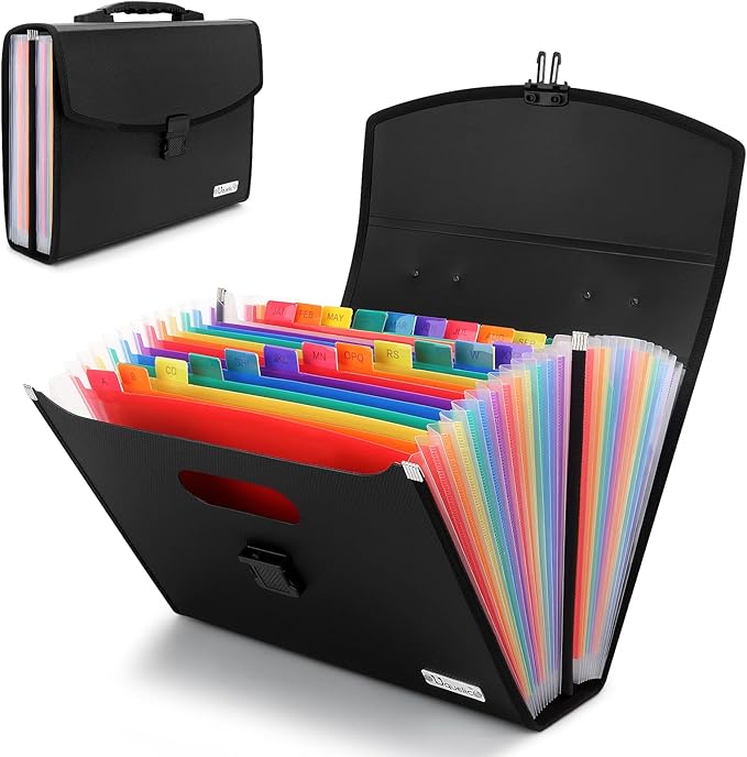 Uquelic 26 Pockets Expanding File Folder, Accordion Document Organizer | Folio Upgraded Durable Buckle, Base with Ergonomic Handle, Large A4 Letter Size Expandable File Organizer