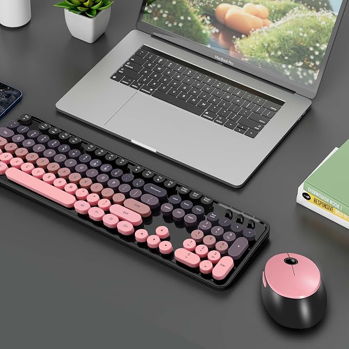 Cute Typewriter Wireless Keyboard and Mouse Combo Black and Pink | Full Size With Number Pad & Mouse,Compatible With All Windows,Ideal For Windows,1600DPI,Computer, PC, Notebook, Laptop