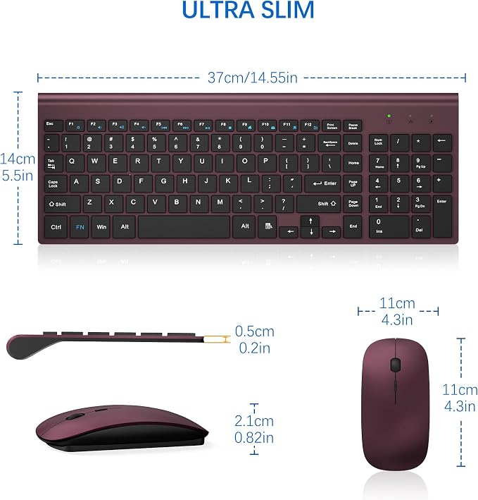 Wireless Keyboard and Mouse Ultra Slim Combo, TopMate - Wine Black | 2.4G Silent Compact 2400DPI Mouse and Scissor Switch Keyboard Set with Cover, Batteries Included, for PC/Laptop/Windows/Mac