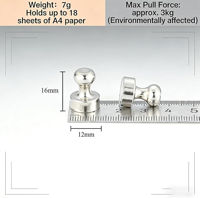 Strong Fridge Magnets, 20 Pcs, 12 x 16mm, Silver, Heavy Duty Magnetic Push Pins for Refrigerator, Whiteboard, Office, Classroom, Kitchen & Locker Decor