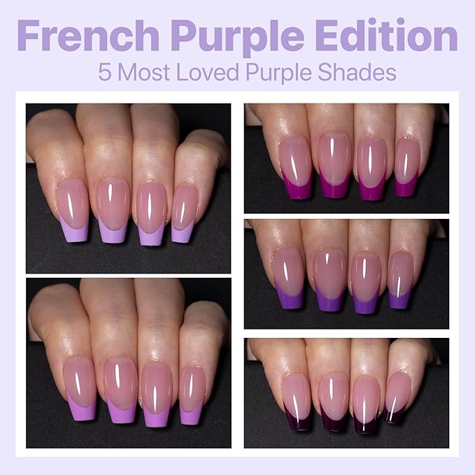 SXC Cosmetics French Tip Press On Nails 150 Pieces in 15 Sizes Ultra Fit with Pre-applied Tip Primer and Base Coat, No Need to File Fake Nails for Nail Art DIY X-Pro Tips (5PURPLE119-S Coffin)