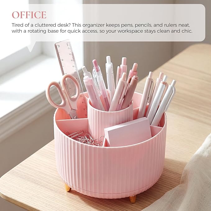 Pencil Pen Holder for Desk, 5 Slots 360 - Degree Rotating Desktop Organizer, Cute Desk Organizers and Accessories for School, Home, Office and Art Supply, Pink