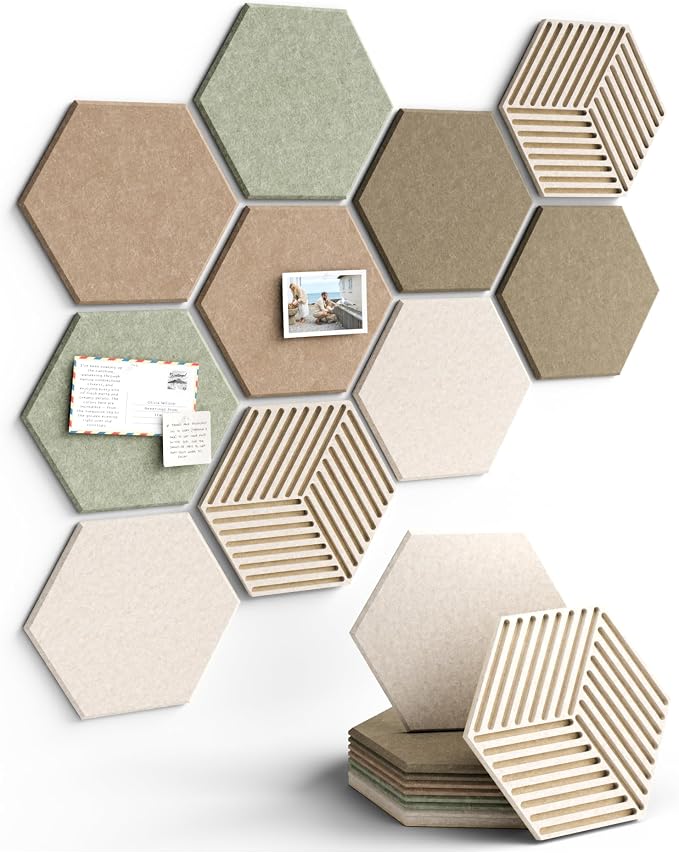 Fluxynara 10-Pack Hexagon Felt Bulletin Board Tiles, Linen Dusk | Cork Board Alternative for Wall Decor and Vision Boards, with 50 Adhesive Tabs for Home, Office, Classroom or Dorm.