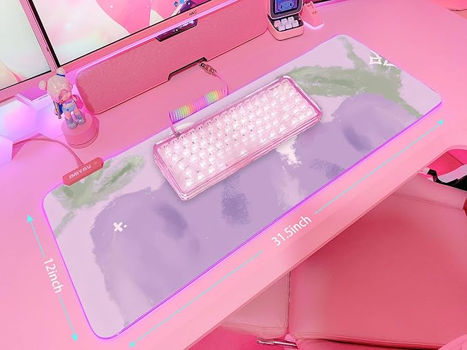 JMIYAV Pink RGB Gaming Mouse Pad 31.5x12 Inch Cute Mousepad PC XL Large Extended Glowing Led Light Up Desk Pad Non-Slip Rubber Base Computer Mat Desk Accessories Gaming Setup Purple Tulip Bunny