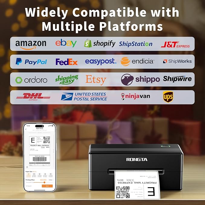 Rongta 4x6 Bluetooth Thermal Shipping Label Printer, Wireless Shipping Label Maker for Amazon FBA, Shopify, FedEx | Compatible with Windows/Mac/Android/iOS (Black)