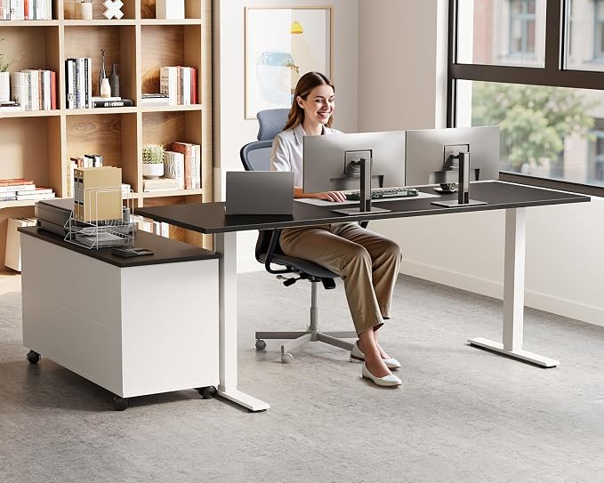55" L Shaped Electric Standing Desk with Cabinet Sets, Black/White | Mobile Drawers & File Cabinet Sets for Flexible Layout, Height Adjustable Executive Stand Up Desk for Home Office Workstation