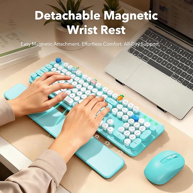 Wireless Keyboard and Mouse Combo, Full-Size Retro Typewriter Keyboard with Round Keycaps, Magnetic Wrist Rest, Tilt Legs, 2.4GHz Cordless for Mac, Windows PC, Laptop, SABLUTE CK23, Robin Egg Blue