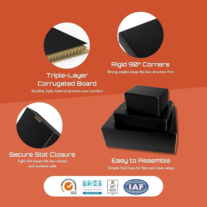 Corrugated Shipping Box Mailers, Kraft Brown, Triple-Layer Board Secure Slot Closure (Black, 12"x9"x4" / Set of 10)