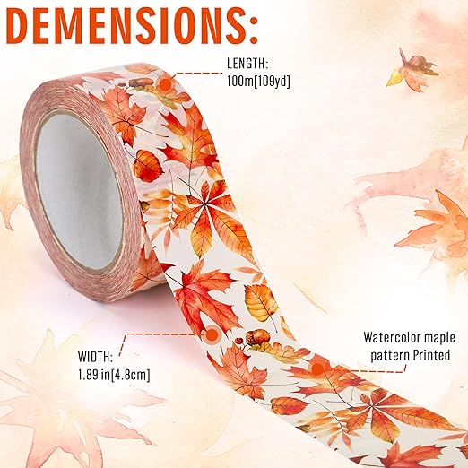 Whaline Fall Packing Tape Watercolor Maple Leaf Printed Tape Waterproof Autumn Leaves Shipping Tape for Thanksgiving Small Business Gifts DIY Crafts Decor