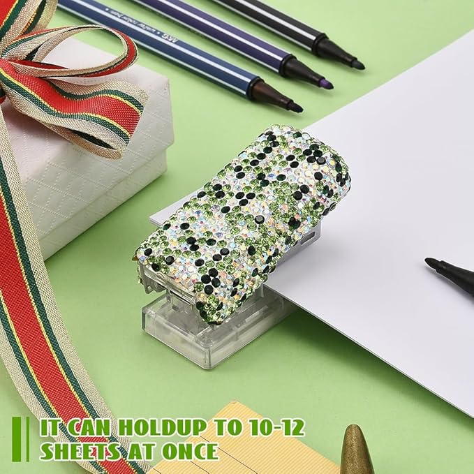 Bling Rhinestone Stapler, Sparkly Diamond Staplers, Cute Desk Stapler for Women & Girls, Bling Crystal Machine Pretty Office Stationery Kit (Green with AB Color Plated, Small)