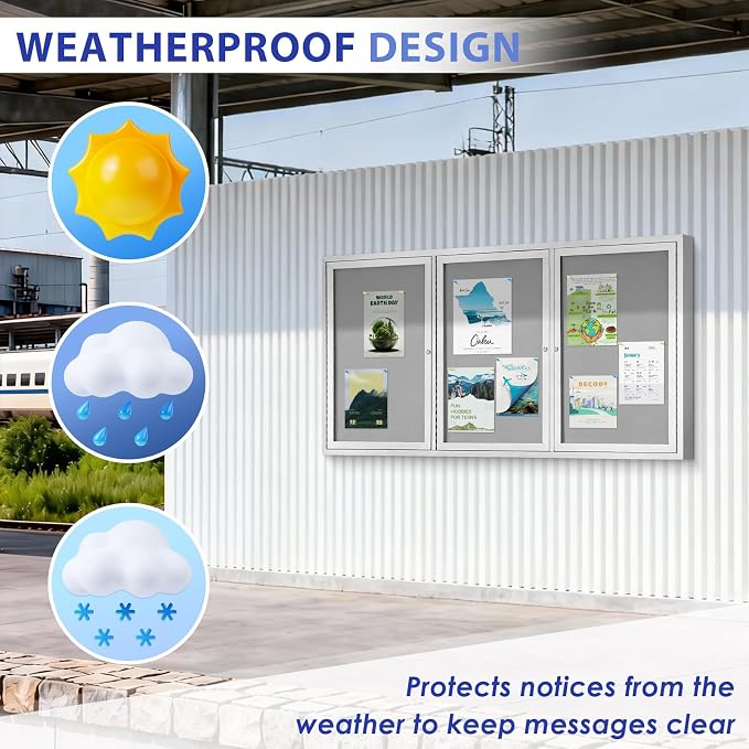 SWANCROWN 70x36 in Outdoor Bulletin Board Wall Display Board, Grey Felt | Enclosed, Weatherproof, Shatter Resistant, Silver Aluminum Frame, Notice Board for Office School Business Community