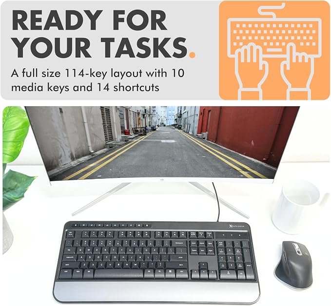 X9 Wired Ergonomic Keyboard - Comfortable Typing - Ergonomic Full Size USB Keyboard with Wrist Rest, Number Pad, Multimedia and 114 Keys - External Computer Keyboard for Laptop, Desktop and Office PC
