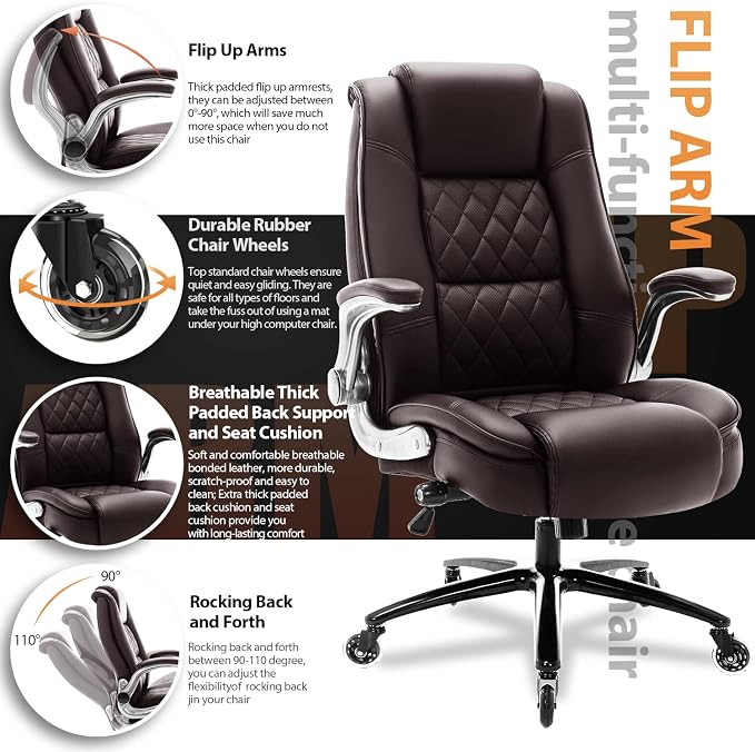 High Back Office Chair, Ergonomic Executive Computer Desk Chair | Flip Arms, Adjustable Built-in Lumbar Support, Thick Padded, Strong Metal Base, Quiet Wheels Work Chairs for Long Hours