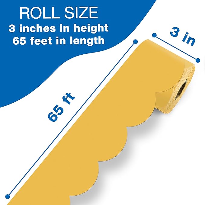 Carson Dellosa 65Ft of Goldenrod Yellow Green Bulletin Board Borders, 1 Roll of Mango Scalloped Trim for Rolling Whiteboard, Cork and Posterboard, Party, Office Decorations, and Classroom Decor