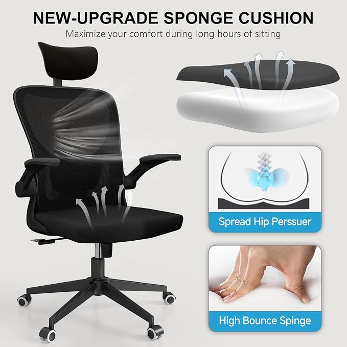 Monhey Office Chair Ergonomic Desk Chair with Lumbar Support&Headrest&Flip-up Arms Height Adjustable Rocking Swivel High Computer Chair Multi-Angle from 90° to 125° with 350LBS Capacity (03All Black)