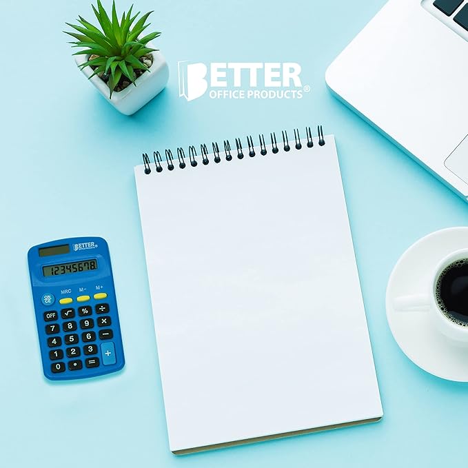 Better Office Products Pocket Size Mini Calculators, 10 Pack, Handheld Angled 8-Digit Display, Standard Function, Assorted Colors (Blue, Black, Pink), Dual Power with Included AA Battery Power