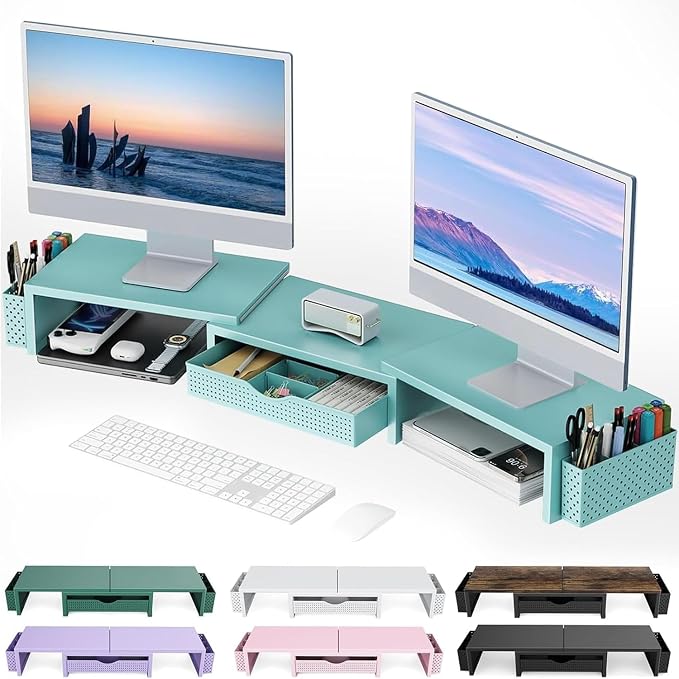 gianotter Dual Monitor Stand Riser With Drawer and 2 Pen Holders | Computer Monitor Stand Desk Organizer and Accessories Desk Shelf for Top of Desk (Blue)