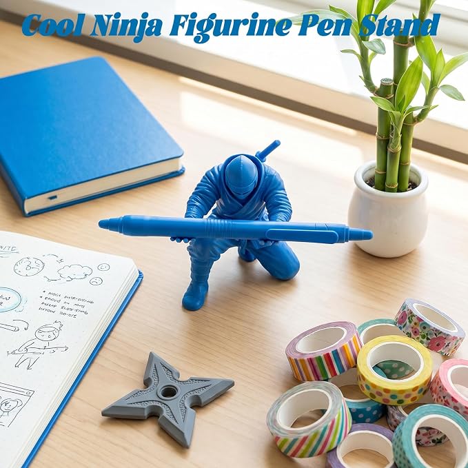 3D Printed Ninja Pen Holder - Cool Ninja Figurine Pen Stand, Decorative Desk Organizer for Office & Home (blue)