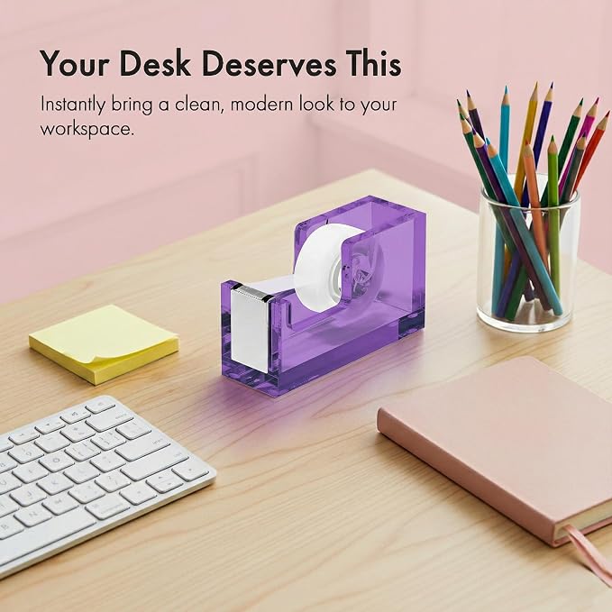 OfficeGoods Acrylic Tape Dispenser, Aesthetic and Compact Design, Purple | Modern desk accessory for office, Heavy duty refillable tape holder for crafting, Stylish desktop accessory for gift wrapping