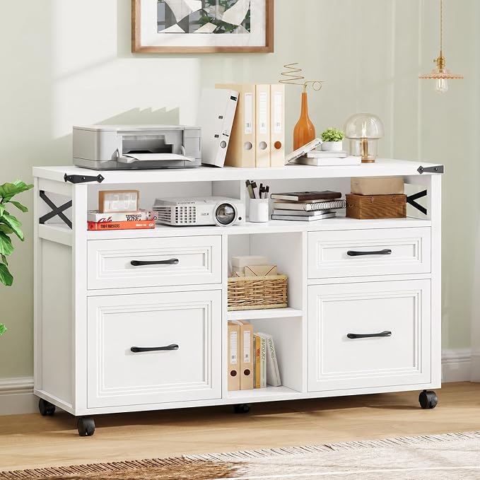 Halitaa Farmhouse Filing Cabinet with Adjustable Shelf & Wheels, White | Lateral File Cabinets, Office Storage Cabinet with 4 Drawers, Open Storage Space, for Hanging Files A4/Letter for Home Office