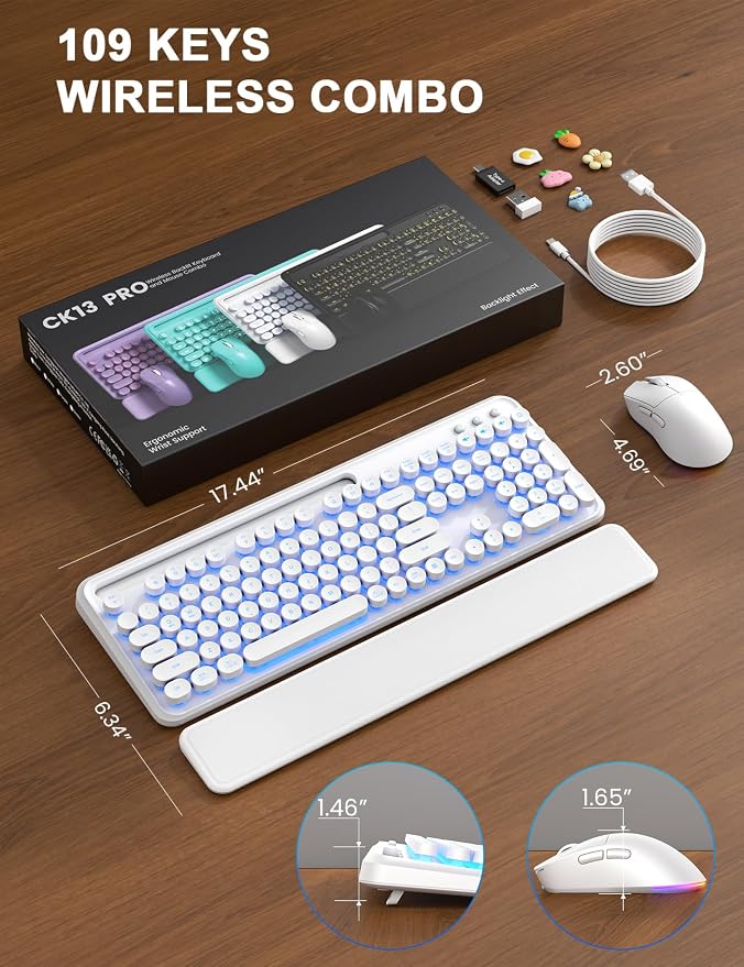 Wireless Keyboard and Mouse, Backlit Typewriter with Magnetic Wrist Rest | Phone Holder, Light Up Round Keycaps, Lighting Mouse, 2.4GHz Cordless Set for Mac, Windows, PC, Laptop, SABLUTE