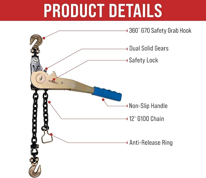 Mytee Products 1/4" - 5/16" Easy Ratchet Chain Binder with Grab Hooks & 2500 lbs WLL - Grade 70 Heavy Duty Tie Down Ratchet Load Binder for Flatbed Trailers & Trucks