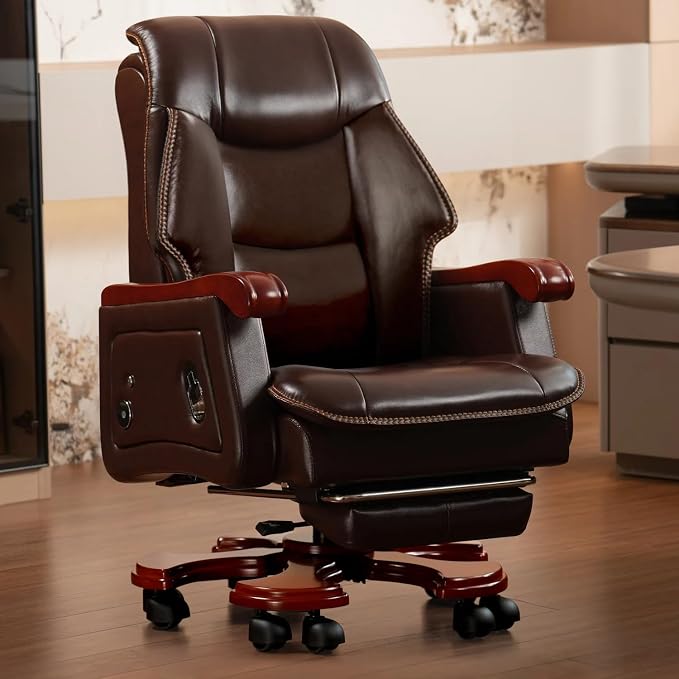 Kinnls Jones Genuine Leather Executive Office Chair with Massage Ventilation and Heating, Luxury Managerial Executive Home Desk Chairs, Big and Tall Recliner with Footrest (Massage Chair-Coffee)
