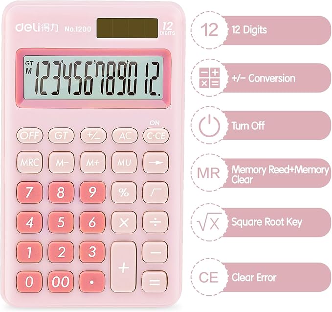 Deli Standard Function Basic Calculator, 12 Digit Desktop Calculator with Large LCD Display, Solar Battery Dual Power Office Calculators, Pink