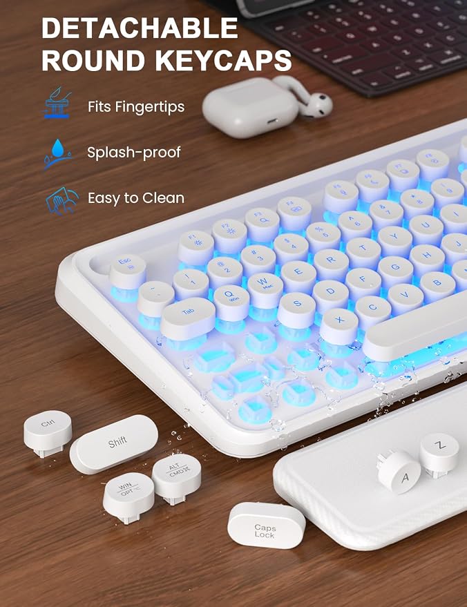 Wireless Keyboard and Mouse, Backlit Typewriter with Magnetic Wrist Rest | Phone Holder, Light Up Round Keycaps, Lighting Mouse, 2.4GHz Cordless Set for Mac, Windows, PC, Laptop, SABLUTE