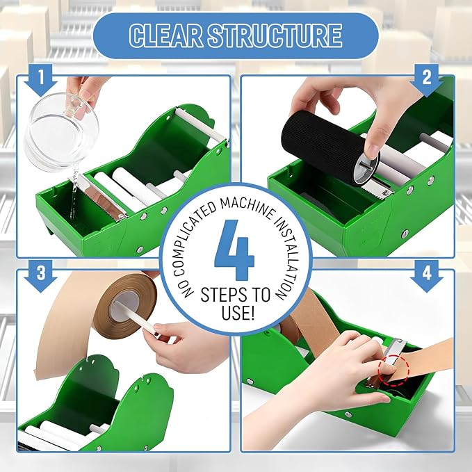 Water-Activated Tape Dispenser, Manual Kraft Gum Tape Dispenser, Green | Width Adjustable 1.18-3.15",Upgraded Stainless Steel Safety Blades, Light Weight & Portable Packing Tape Dispenser Set